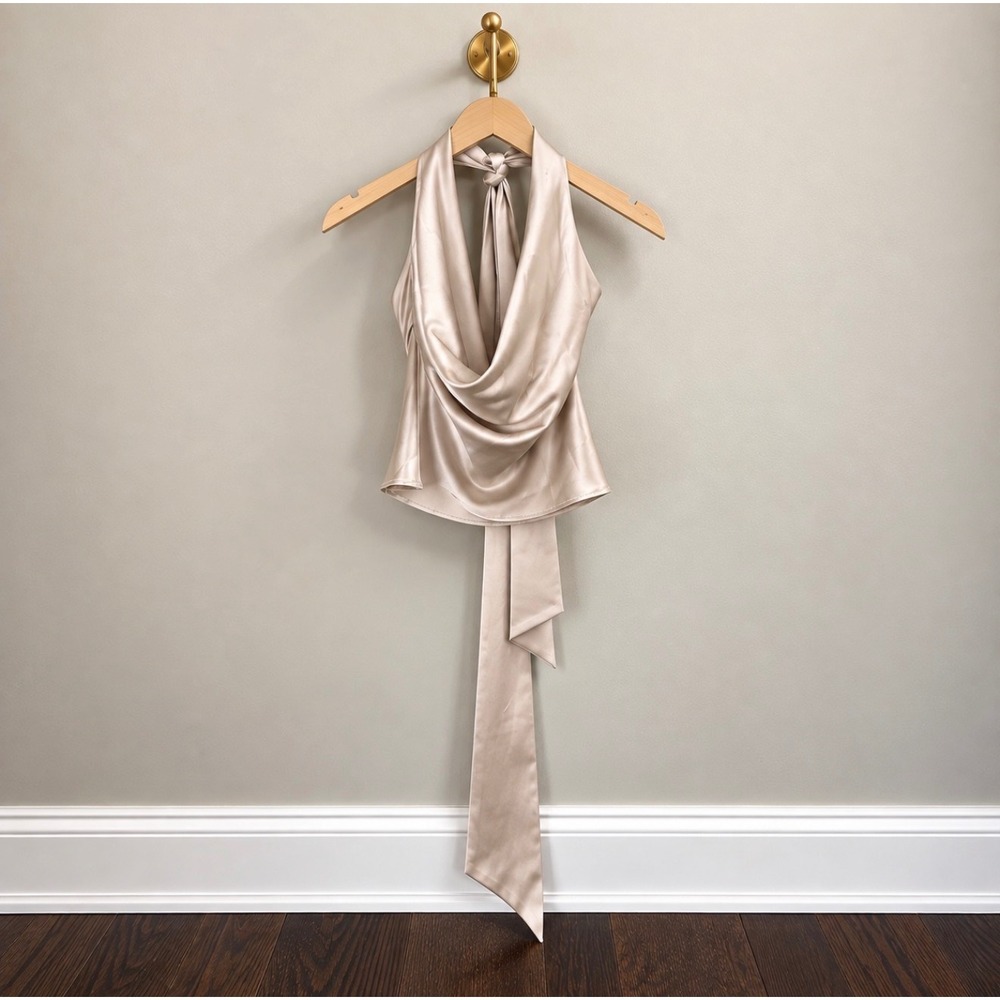Zara Champagne Beige Satin Halter Cowl Neck Tie Top XS